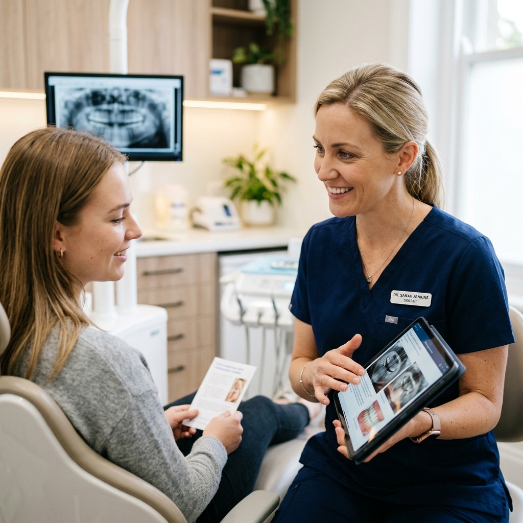 Dentist explaining emergency dental treatment in Wheeling IL clinic